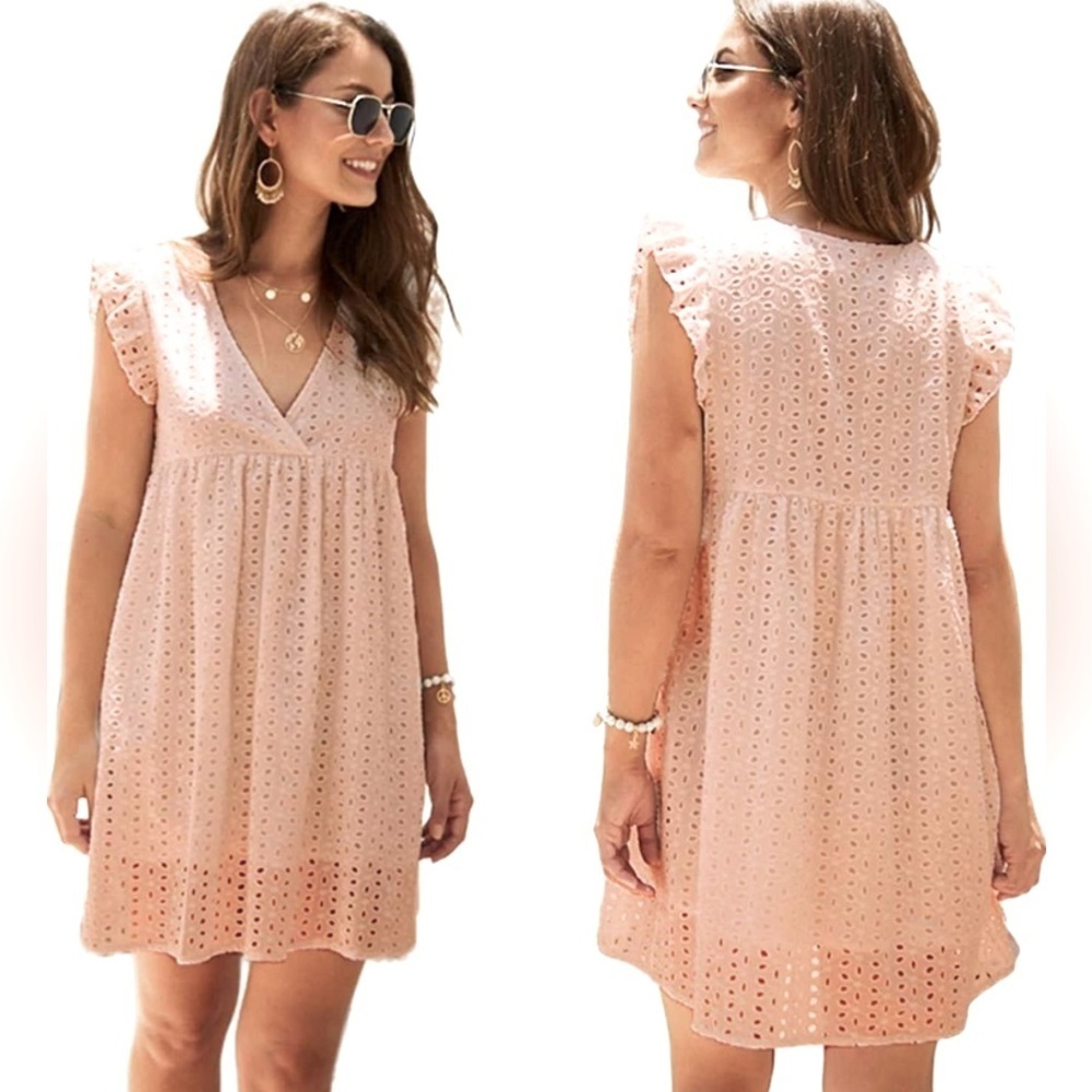 AMAZON BRAND Light Peachy Pink Eyelet Babydoll Romper w/ Pockets, Small